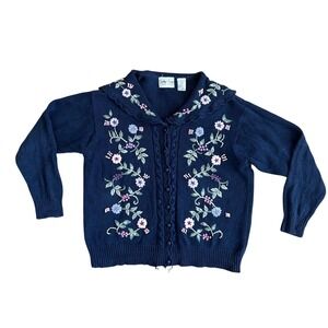 Vintage Embroidered Floral Cardigan Navy Blue Grannycore Large coquette